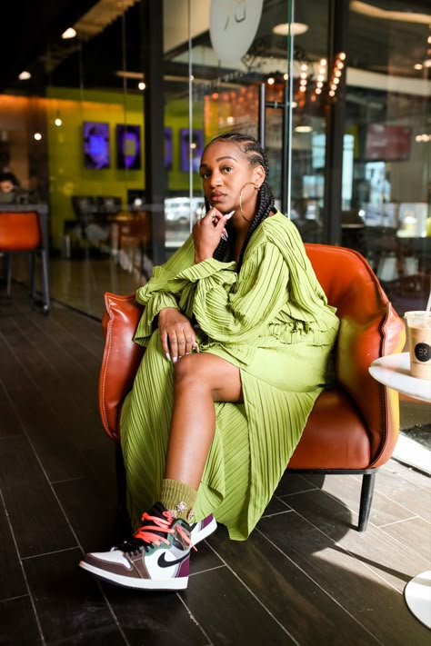 Green dress with hand crafted Jordan 1 Dress With Jordans, Date Night Looks Casual, Looks Date Night, Looks Date, Air Jordan 1 Outfit Women, Styling Jordans, Jordan 1 Outfit Women, Dress And Sneakers Outfit, Date Night Looks