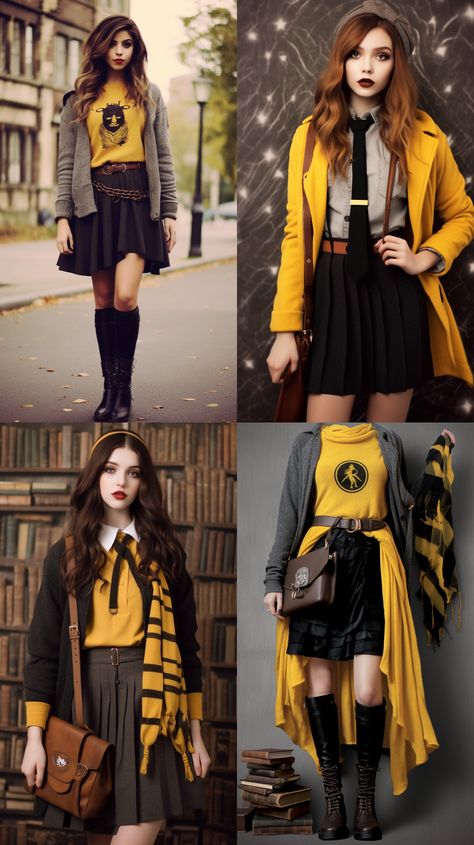 Hogwarts House Uniforms, Battle Of Hogwarts Outfit, Harry Potter Bounding Inspired Outfits, Harry Potter Outfit Ideas Hufflepuff, Harry Potter Bounding, Hogwarts Student Costume, Harry Potter Themed Outfits, Hufflepuff Clothes, Hogwarts Costume