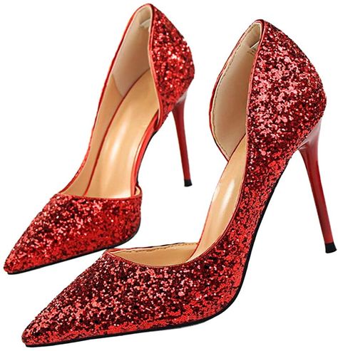 AmazonSmile | Dress First Womens Fashion Closed Toe Classic Pumps | Pumps Red Sparkly Heels, Silver Sparkly Shoes, Walking In Heels, Sparkly Shoes, Basic Heels, Glitter Pumps, Sparkly Heels, Brand Name Shoes, Bling Shoes