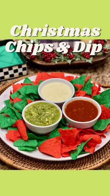 Laura Ashley Johnson RDN CDE on Instagram: "🎄🎅🏻Christmas Chips & Dip🎅🏻🎄 Here’s an easy compliment to your Candy Cane Taco or just to throw together before a holiday party! Chips and dip are always the gift that keeps giving!😉 🎶Side note: I’ve loved this song since my mom played it on a Christmas Tupperware cassette circa 1987. Sister and I wore her out with that cassette!😆 📝What you’ll need: 🤎Holiday Tortilla Chips 🤍Queso ❤️Red Salsa 💚Green Salsa or Guacamole Which will you dip the Christmas Chips And Salsa, Christmas Taco Dip, Red And Green Food Christmas Parties, Taco Christmas Party, Christmas Taco Bar Ideas, Party Chips And Dip, Christmas Dinner Themes, Grinch Christmas Treats, Savoury Party Food