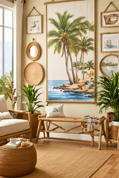 Tommy Bahama Kitchen Style, Coastal Bohemian Living Room Ideas, Beach Vibe Living Room, Tropical Interior Design Living Rooms, Tropical House Interior, Caribbean Living Room, Beach Condo Decorating Ideas, Hawaiian Interior Design, French Beach House