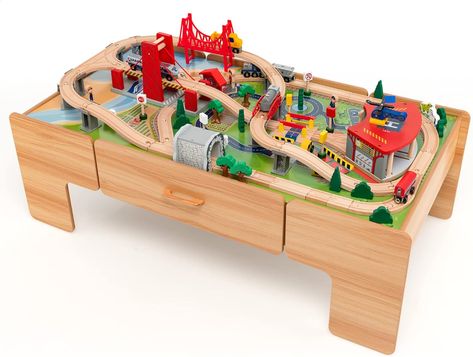 Amazon.com: HONEY JOY Train Table, Wooden Kids Activity Table with Storage, 100 Multicolor Pieces, Tracks, Trains, Cars, Toddler Train Table Set with Reversible Tabletop, Gift for Boys Girls Age 3+, Natural : Toys & Games Wooden Train Table, Train Set Table, Wooden Train Track, Kids Play Table, Kids Activity Table, Train Table, Station Service, Wooden Train Set, Train Activities