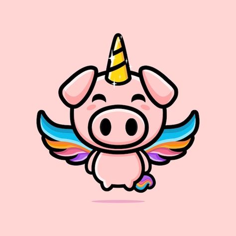 Pig Mascot, Unicorn Pig, Unicorn Cartoon, Pig Drawing, Pig Illustration, Unicorn Horn, Wings Design, Mascot Design, Cute Pigs