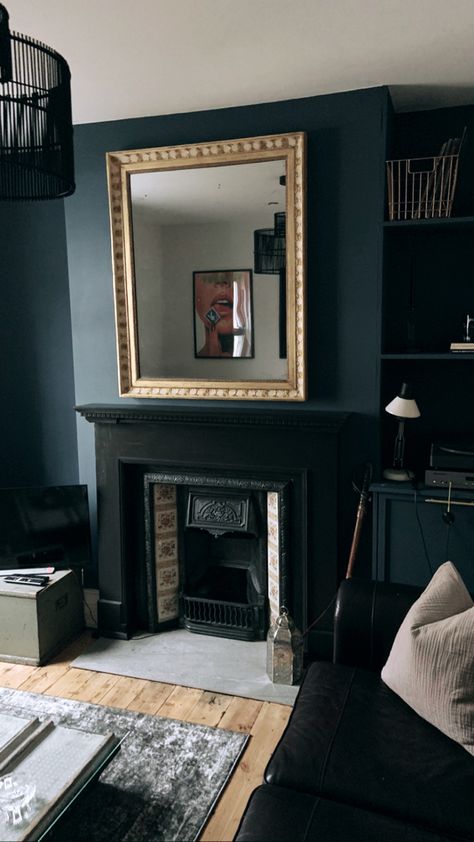 Dark Fireplace Mantle, Mantle Mirrors, Black Fireplace Mantel, Navy Living Room, Victorian Flat, Landscape Mirror, Navy Living, Mantle Fireplace, Navy Living Rooms