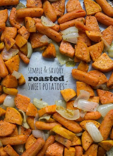 Savory and Simple Roasted Sweet Potatoes and Carrots Roasted Sweet Potatoes And Carrots, Sweet Potatoes And Carrots, Potatoes And Carrots, Veggie Side Dishes, Sweet Potato Casserole, Thanksgiving Side Dishes, Sweet Potato Recipes, Vegetable Sides, Salsa Verde