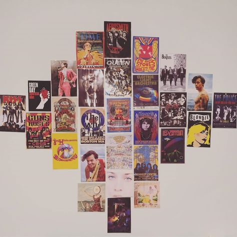 E & A🤪 on Instagram: “lol i haven’t posted in forever but i’m filling my wall with band posters, album covers, and harry styles. hopefully the whole wall will be…” Wall Filled With Posters, Music Wall Collage Bedroom, Album Cover Posters On Wall, Album Cover Wall Decor Bedroom Ideas, Poster Arrangement, Album Cover Wall Decor, Posters Album Covers, Album Wall, Dorm Room Styles