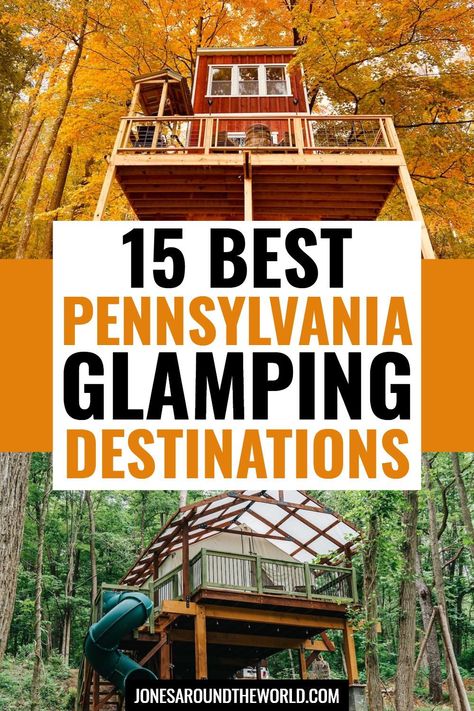 Planning a trip and looking for the best Glamping Pennsylvania getaway? I've compiled this incredible list of Glamping in PA that is guaranteed to help you find the perfect stay! Pennsylvania has long attracted many visitors and tourists with its gorgeous combination of city-life, lush outdoors, and quaint towns. For those who love to veer off the beaten path, you'll likely find your happy place in the Allegheny and Poconos mountains, along with the beautiful lakes, trails, rivers, and more. Poconos Mountains, Unique Glamping, Glamping Cabin, Find Your Happy Place, Find Your Happy, Glamping Resorts, Cozy Cabins, Adventure Bucket List, Camping Glamping