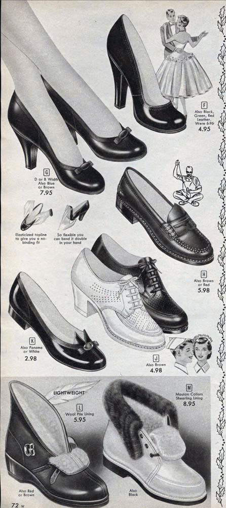 http://www.retrowaste.com/1950s/fashion-in-the-1950s/1950s-shoes-styles-trends-pictures/ 1950s Fashion Women Shoes, The 1950s Fashion, 1952 Womens Fashion, Women In The 1950s, 1950s Women's Shoes, 50s Womens Shoes, 1957 Fashion Women, 1950 Casual Fashion, 50s Fashion Shoes