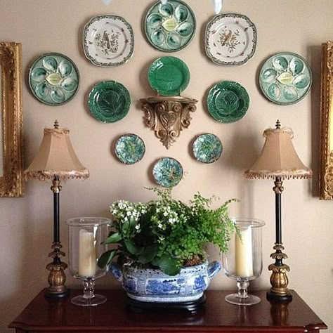 Maybe use some of my sconces in my plate grouping? Plate Wall Display, Tricia Guild, Deco Rose, Shelves Wall, Plate Wall Decor, Plate Decor, Hanging Plates, Plate Display, Photo Blog