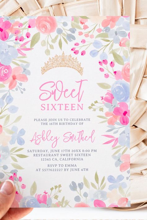 Garden pastel wild flowers Sweet 16 birthday Invitation Flower Sweet 16, 16 Invitations, 16th Birthday Invitations, 16 Birthday, Sweet 16 Invitations, Invitation Wording, Sweet 16 Birthday, Sweet Sixteen, 16th Birthday