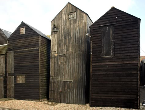 Hastings Seafront - Old fishing huts. These were made tall so the fishermen could dry and repair their nets. Black Houses, Wooden Architecture, Wood Architecture, Wooden Buildings, Vernacular Architecture, Little Houses, Kiosk, Architectural Digest, Modernism