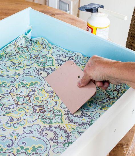 How to attach fabric to the inside of a dresser drawer Dresser With Different Color Drawers, Dresser Drawer Liner Ideas, Painted Drawers On Dresser, Drawer Liners Dresser, Drawer Fronts Ideas, Drawer Liner Ideas, Painting Drawers, Dresser Drawer Liners, Lining Dresser Drawers