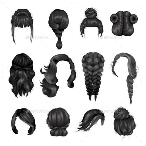 Women Wigs Hairstyle Back Icons Set Hair Reference Drawing Front View, Croquis Hairstyles, Illustration Hairstyle Sketch, Hair Drawing Reference Back View, Croqui Hairstyles, Women Hair Sketch, Hair Illustration Fashion, Hair Bun Sketch, Bun Sketch Hair