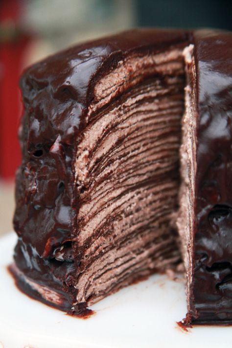 One look and I was in love. I saw  this recipe in a Martha Stewart Magazine  and new right then that I had to make it. Isn't it beautiful?!... Chocolate Crepe Cake, Crepe Cake Recipe, Chocolate Crepes, Crepe Cakes, Mille Crepe, Crepe Cake, Chocolate Butter, Best Cake Recipes, Dutch Baby