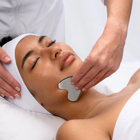 HydroPeptide's stainless steel Gua Sha facial tool deeply massages the skin to decrease fine lines and wrinkles, promote lymphatic drainage, and sculpt the face. Slim Your Face, Steel Gua Sha, Blue French Tips, Gua Sha Facial, Massage Benefits, Mug Recipes, Wellness Routine, Muscle Tension, Gua Sha