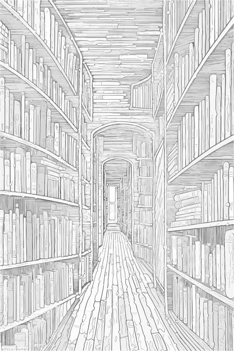 Drawing Of Library, Library Drawing Ideas, Full Page Drawings Easy, Simple Library Drawing, Cute Bookshelf Drawing, Old Library Drawing, Fantasy Bookshelf Drawing, Book Case Drawing, Dark Academia Coloring Pages