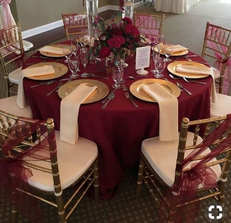 Red Champagne Wedding, Champagne Wedding Reception, Gold Chair Covers, Navy Blue Chair, Burgundy Decor, Gold And Burgundy Wedding, Navy And Burgundy Wedding, Wedding Table Setup, Red Centerpieces