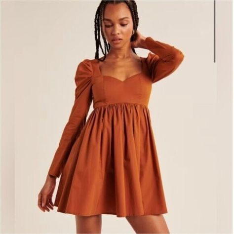 Abercrombie & Fitch Poplin Babydoll Long Sleeve  Dress Burnt Orange Orange Wedding Guest Dress, Orange Bachelorette, Cocktail Dress Casual, Sun Cocktail, Long Sleeve Babydoll Dress, Burnt Orange Wedding, Peplum Design, Peplum Designs, Abercrombie And Fitch Dresses