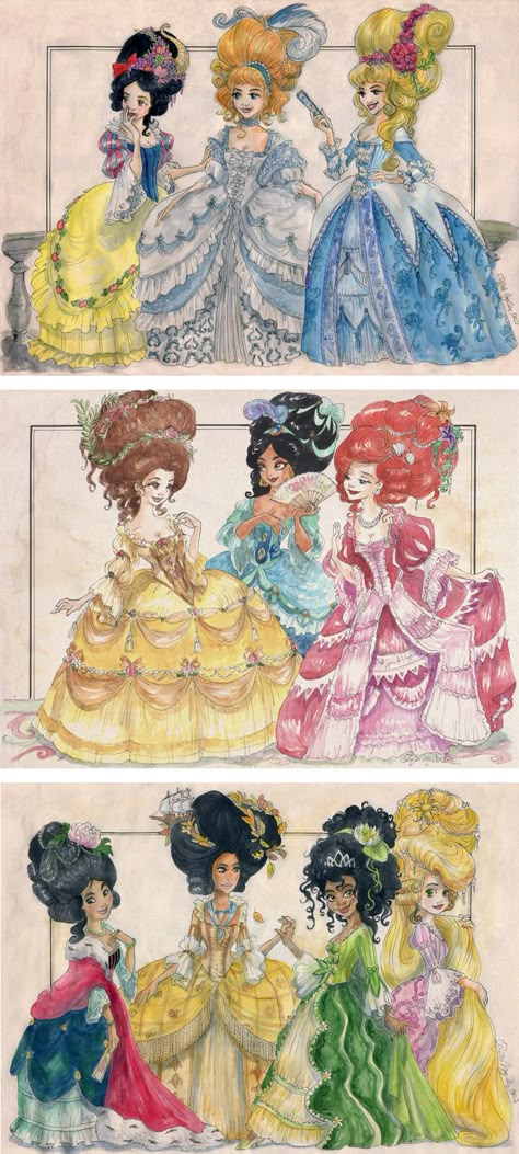 Rococo Princesses by TaijaVigilia Rococo Drawing, Disney Princess Fanart, Disney Amor, Disney Princess Fan Art, Disney Princess Fashion, Disney Artwork, Modern Disney, Pinturas Disney, Disney Princess Art