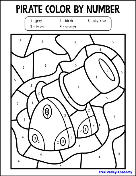 Engage your preschooler with fun pirate color by number worksheets for hours of entertainment. This free printable pirate cannon color by number 1-5 will help children strengthen fine motor skills, and practice number recognition and reading color names. The PDF is free to download and print and includes 10 pirate themed color by number coloring pages and an answer sheet. Pirate Cannon, Kids Crossword Puzzles, 3rd Grade Spelling Words, Color By Number Coloring Pages, Number Printables, Number Coloring Pages, Colour By Number, Math Coloring Worksheets, Pirate Activities