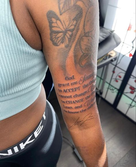 God Grant Me The Serenity Tattoo Forearm, God Grant Me The Serenity Tattoo Women, Grant Me The Serenity Tattoo, Sleeve Tattoo Black Women, Upper Sleeve Tattoo, Tattoo Black Women, Serenity Tattoo, God Grant Me The Serenity, Arm Sleeve Tattoos For Women