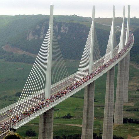 The worlds highest bridge Villaduc Milleau, France Millau Viaduct, Norman Foster Architecture, France Bridge, Scary Bridges, Cable Stayed Bridge, Beautiful Bridges, Bridge Construction, High Bridge, Suspension Bridge