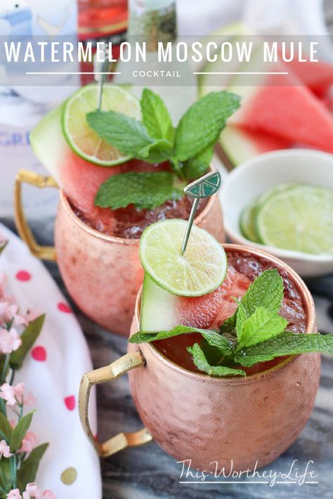 Take your classic Moscow Mule recipe, and put a twist on it with watermelon. This Watermelon Moscow Mule is flavored with Grey Goose Vodka, ginger beer, watermelon, and watermelon pucker. Keep reading to get this summer cocktail recipe on the blog! Moscow Mule Recipe Classic, Moscow Mule Drink, Watermelon Cocktail, Moscow Mule Cocktail, Moscow Mules, Moscow Mule Recipe, Mule Cocktail, Mule Recipe, Grey Goose Vodka