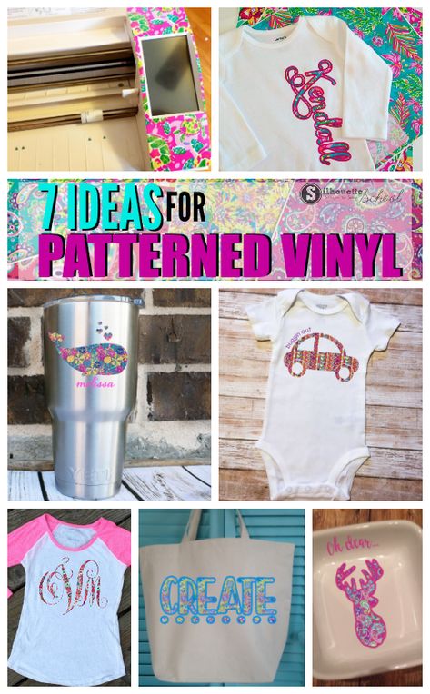 7 Ideas for how to use patterned htv and vinyl with Silhouette CAMEO Patterned Vinyl Ideas, Pattern Vinyl Projects, Patterned Vinyl Projects, Silhouette Cameo Shirt, Vinyl Projects Silhouette, Heat Transfer Vinyl Projects, Silhouette School Blog, Silhouette Cameo Crafts, Watercolor Monogram