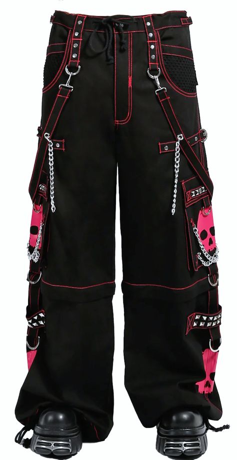 Accept no imitations! From the originator of all things DarkStreet, these black and pink studded pants zip off into shorts (★≧▽^))★☆. They feature two skulls on each leg, removable chains, adjustable ankles, D-rings, and deep pockets. – Drawstring and adjustable waist buckles allow for a tighter fit on the waist. 100% Cotton. Waist measurements are based on the waistband's full extension - that is the maximum inches that the waist will extend to. MODEL IS WEARING X-SMALL SIZE WAIST (Fully Extend Hand In Pants Reference, Tripp Pants Diy, Pink Techwear, Tripp Shorts, Punk Fits, Trip Pants, Scene Pants, Studded Pants, Tripp Nyc Pants