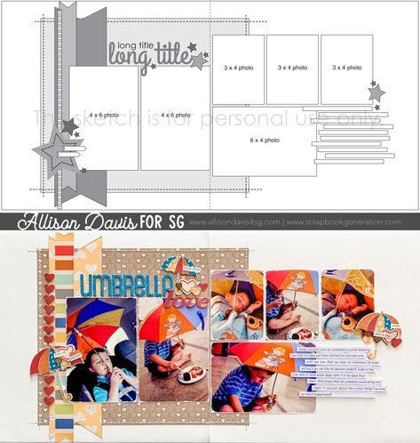 Five Photo Scrapbook Layout, 6 Photo Layout Scrapbook, Grid Design Scrapbook Layout, Allison Davis Scrapbook Sketches, Two Page Scrapbook Layouts Sketches, Multi Page Layout Design, 6 Photo Scrapbook Layout 2 Page, 2 Page Scrapbooking Layouts Ideas, Scrapbook Layout Sketches 2 Page