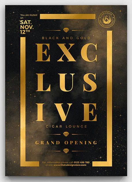 Black and Gold Flyer Template PSD Black And Gold Poster Design, Glamour Design Graphic, Golden Poster Design, Exclusive Invitation Design, Classy Poster Design, Black And Gold Graphic Design, Gold Poster Design, Luxury Poster Design, Elegant Poster Design