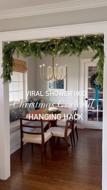 Christmas Garland Over Curtains, How To Hang Garland From Ceiling, Garland Christmas Decor Doorway, Doorway Christmas Decorations, Curtain Pole Christmas Garland, Shower Rod Garland Christmas, Christmas Curtain Rod Decor, Garland On Shower Rod, Hang Garland With Shower Rod