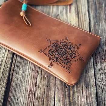 First glowforge project! | Glowforge Leather Engraving With Cricut, Cricut Faux Leather Wallet, Foil On Leather Cricut, Leather Zipper Pouch, Laser Engraved Leather, Laser Engraved Ideas, Laser Cut Leather, Boho Leather, 3d Laser