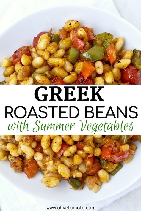 Greek roasted white beans with summer vegetables Roasted Beans, Mediterranean Diet Meal Plan, Easy Mediterranean Diet Recipes, Summer Vegetables, Greek Dishes, Mediterranean Dishes, Summer Vegetable, Mediterranean Diet Recipes, Veggie Dishes