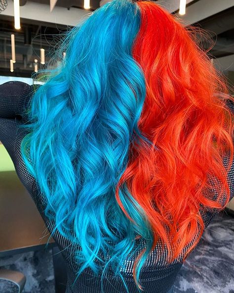 Blue And Red Split Dye, Red And Blue Hair Split, Blue Split Dye Hair, Blue And Orange Hair, C4 Hair, Patriotic Hairstyles, Red And Blue Hair, Blue And Red Hair, Hair Color Placement