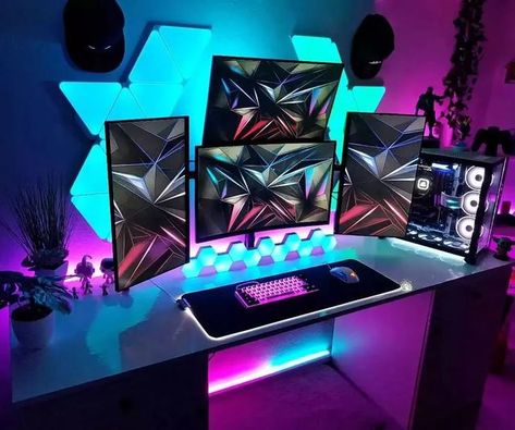 Setups | Gaming on Instagram: "4 monitor setup with nanoleaf lights 😍 Credit: @p_yeah_" Setups Gaming, Nanoleaf Lights, Pc Games Setup, Monitor Setup, Games Room Inspiration, Home Office Set Up, Small Game Rooms, Best Gaming Setup, Pc Gaming Setup