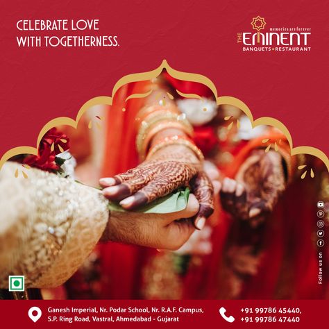 Celebrate love with togetherness. #Eminent #Banquet #Restaurant #Terracegarden #Vastral #Ahmedabad #food #events #meeting #appetizer #mocktail #punjabi #chinese #mexican #thai #italian #continental #seminarhalls #ringceremony #reception #babyshower #wedding #anniversary #kids #birthday #party Banquet Design, Banquet Restaurant, Food Events, Conference Hall, Indian Wedding Couple, Rings Ceremony, Happy Janmashtami, Dream Vacations Destinations, Ring Road