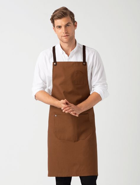 Cafe Uniform, Brown Apron, Classic Wardrobe Pieces, Cafe Apron, Brown Cafe, Barber Apron, Restaurant Uniforms, Cross Back Apron, Long Sleeve Denim Shirt