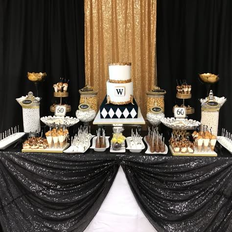 Black And Gold Sweets Table Ideas, 40th Birthday Sweets Table, Desert Table Ideas Birthday Black And Gold, 50th Birthday Sweet Table Ideas, 50th Candy Table Ideas, 60th Birthday Treat Table, Gold And Black Sweets Table, Black And Gold Snack Table, Black And Gold Food Table Decorations