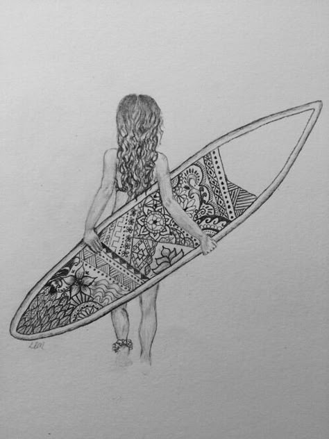 surfer girl drawing Art Sketches Easy, Surfboard Drawing, Surf Drawing, Beach Sketches, Surfer Art, Wave Drawing, Beach Drawing, Painting Of Girl, Surf Art