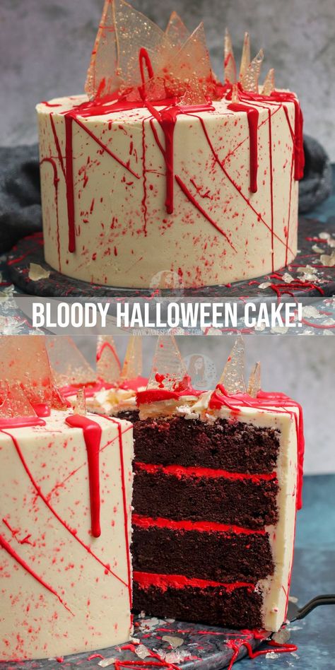 Scary Halloween Cakes, Scary Cakes, Spooky Cake, Janes Patisserie, Halloween Cake Decorating, Glass Shards, Ganache Recipe, Red Cake, White Chocolate Ganache