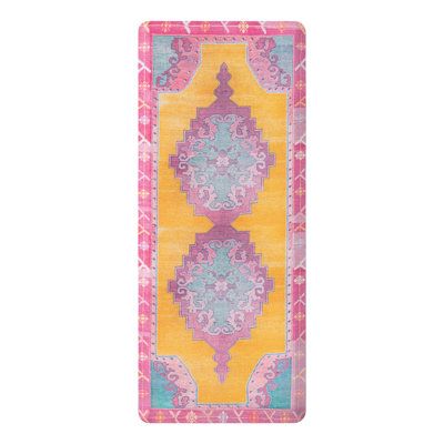 Transform your kitchen into a comfy working place with this vibrant anti-fatigue mat. Its traditional central medallion pattern comes in lively pink, teal, and yellow hues, adding a pop of color to your space. Crafted with a water- and stain-resistant surface, this mat is designed for easy spot cleaning. The non-skid plastic backing ensures it stays in place, while the 0.75" thickness provides much-needed relief for your tired feet. Add a pad underneath for even more comfort. Bungalow Rose Mat S Colorful Maximalist, Yellow Carpet, Pink Rectangle, Teal Kitchen, Desk Area, Yellow Hues, Anti Fatigue Mat, Medallion Pattern, Popular Designs