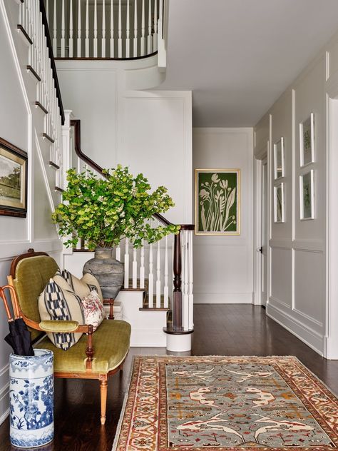 entryway Traditional Entryway, New Canaan, Wood Wallpaper, White Lamp, Happy Home, Comfy Chairs, Lounge Room, Formal Living Rooms, Cozy Space