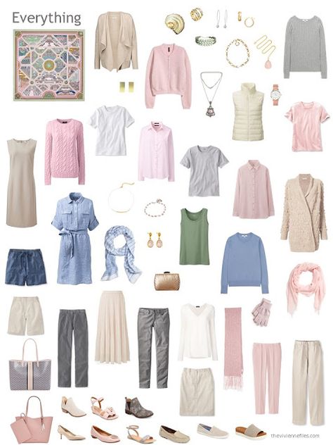 a capsule wardrobe in grey and beige with accents of pink, blue and green Capsule Wardrobe How To Build A, August Outfits, Build A Capsule Wardrobe, The Vivienne Files, Vivienne Files, Pink Clothing, Fashion Capsule Wardrobe, Minimalist Capsule Wardrobe, Spring Capsule Wardrobe