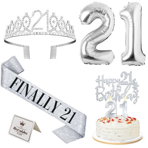 PRICES MAY VARY. Silver 21st Birthday Decorations Set: Package Coming with Glittery Rhinestone 21st Birthday Tiara/Crown x 1pc, Silver 21st Birthday Sash x 1pc, Happy 21st Birthday Cake Topper x 1pc, 21 Birthday Candles x 1set, Big Silver 21 Balloons x 1 set, Birthday Card x 1pc. This great valuable silver 21st birthday gift for women has been packed in a beautiful gift box for ready presentation. Glittery 21 Tiara and Sash Silver: Hand Made 21st Crown is Made from high quality alloy and rhinest Silver 21st Birthday, 21st Birthday Candles, 21st Birthday Gifts For Her, 21st Birthday Sash, 21st Birthday Cake Toppers, 21 Balloons, Birthday Tiara, Birthday Sash, 21st Birthday Decorations