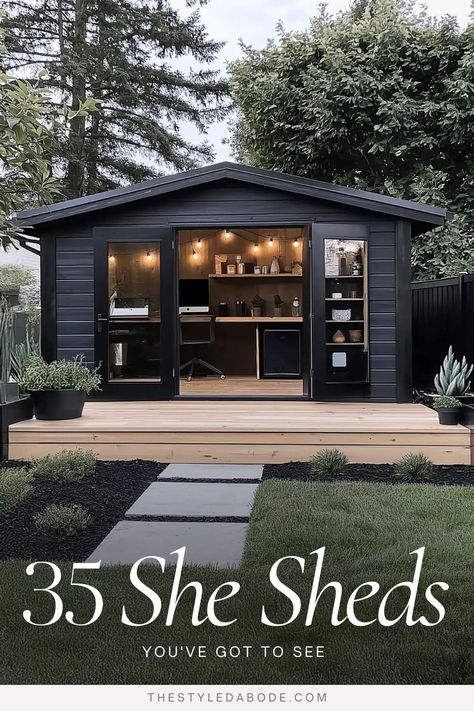 she shed ideas Shed Makeover Exterior Paint Colors, Shed With Glass Doors, She Shed Studio Ideas, She Shed Interior Ideas Shabby Chic, Metal Sheds Ideas Backyard, Narrow Shed Ideas Side Yards, Studio Shed Office, Gardening Sheds Ideas, Garden Studio Design