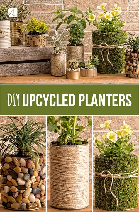 Upcycle Planters, Diy Upcycled Planters, Recycler Diy, Can Planters, Upcycled Planters, Plantarea Legumelor, Boho Deck, Upcycled Planter, Diy Planters Outdoor