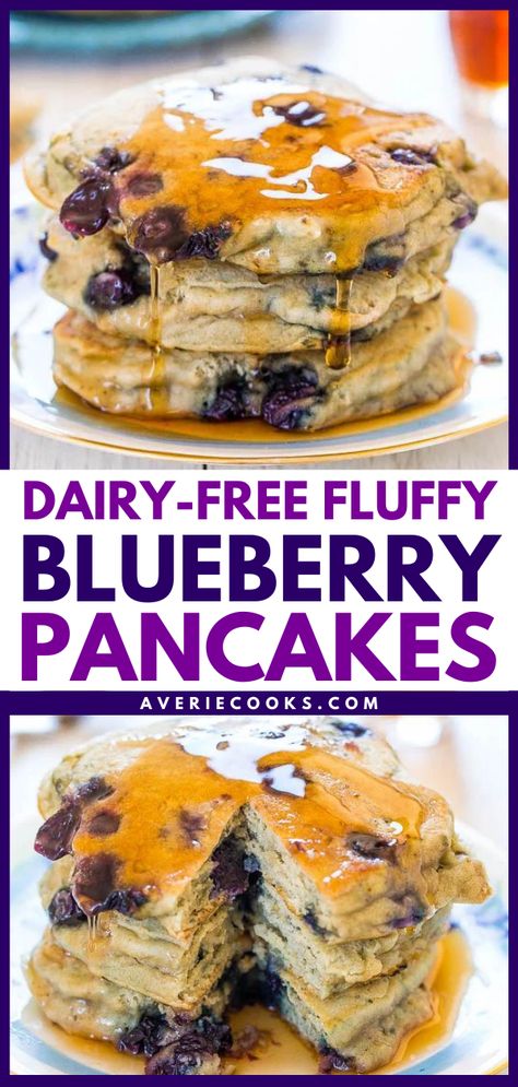 Fluffy Dairy-Free Pancakes Recipe - Averie Cooks Dairy Free Pancake Recipe, Fluffy Blueberry Pancakes, Grain Free Pancakes, Dairy Free Cooking, Berry Pancakes, Dairy Free Pancakes, Pancake Cake, Averie Cooks, Dairy Free Yogurt