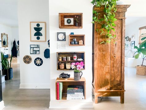 How to hide a thermostat that's in the middle of the wall! | Most Lovely Things Hiding Thermostat On Wall, Hide A Thermostat, Hide Thermostat, Vintage Wood Crates, Crate Decor, Vintage Crates, Wall Mounted Cabinet, Brick Colors, Wood Crates