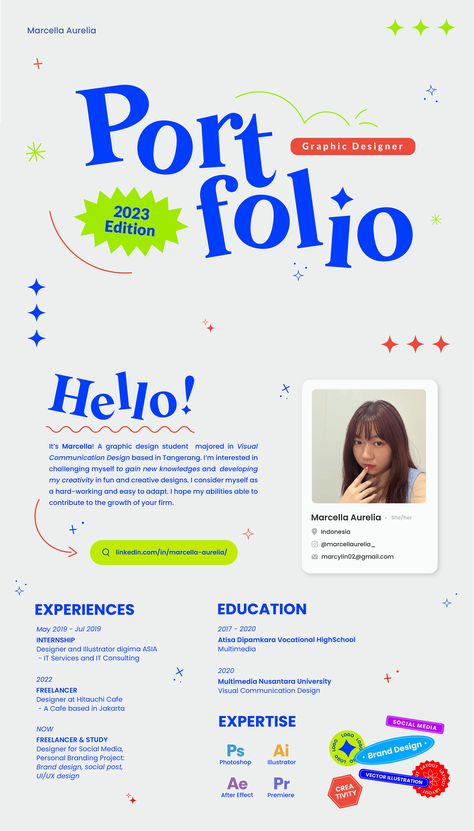 Portfolio 2023 • Marcella Aurelia :: Behance การออกแบบ Ui Ux, Cv Website, Cv Inspiration, Graphic Design Portfolio Layout, 포트폴리오 레이아웃, Visual Communication Design, Desain Buklet, Graphic Design Student, Portfolio Design Layout